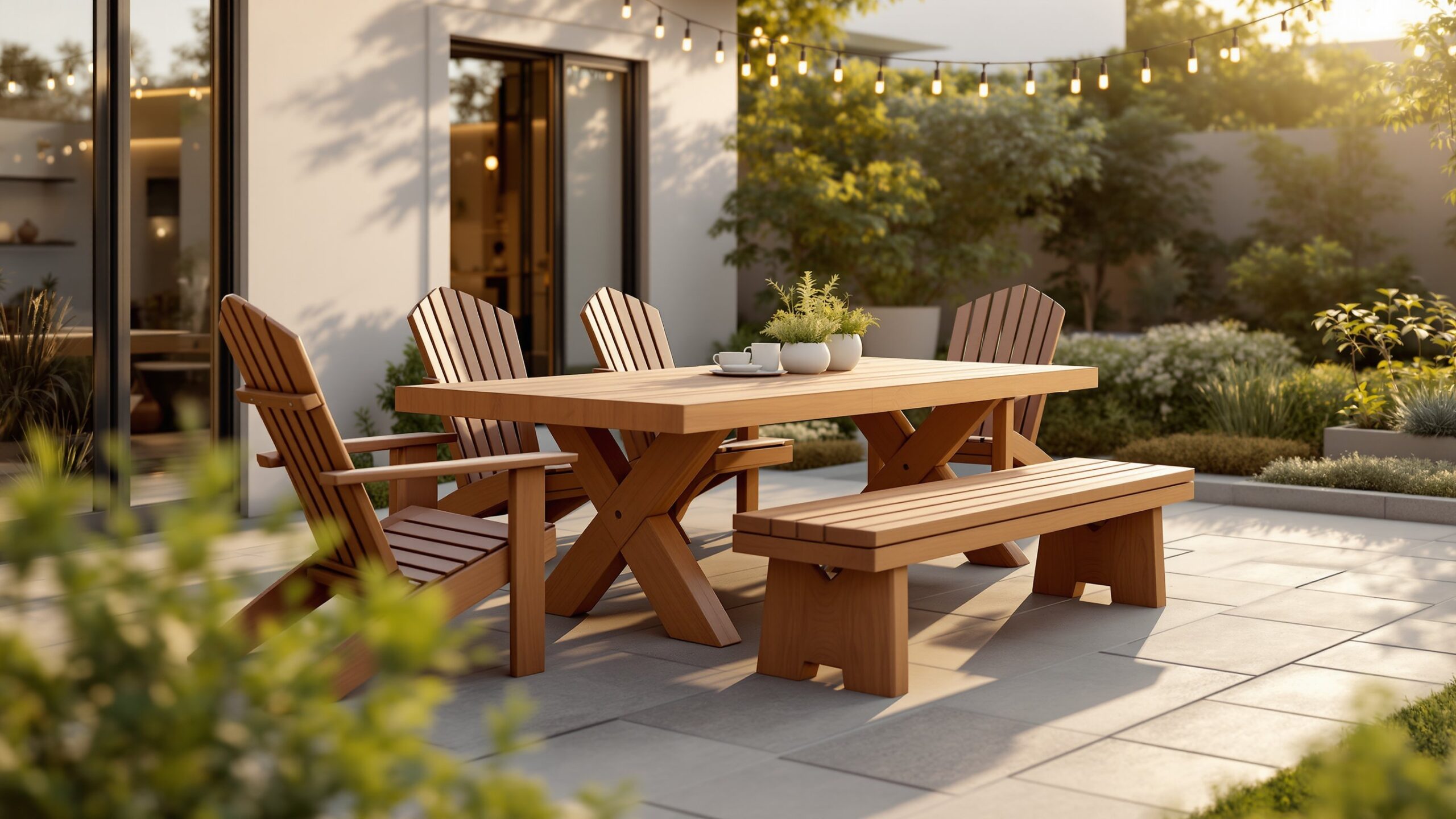 Patio Dining Setups Featuring Adirondack Chairs and Benches