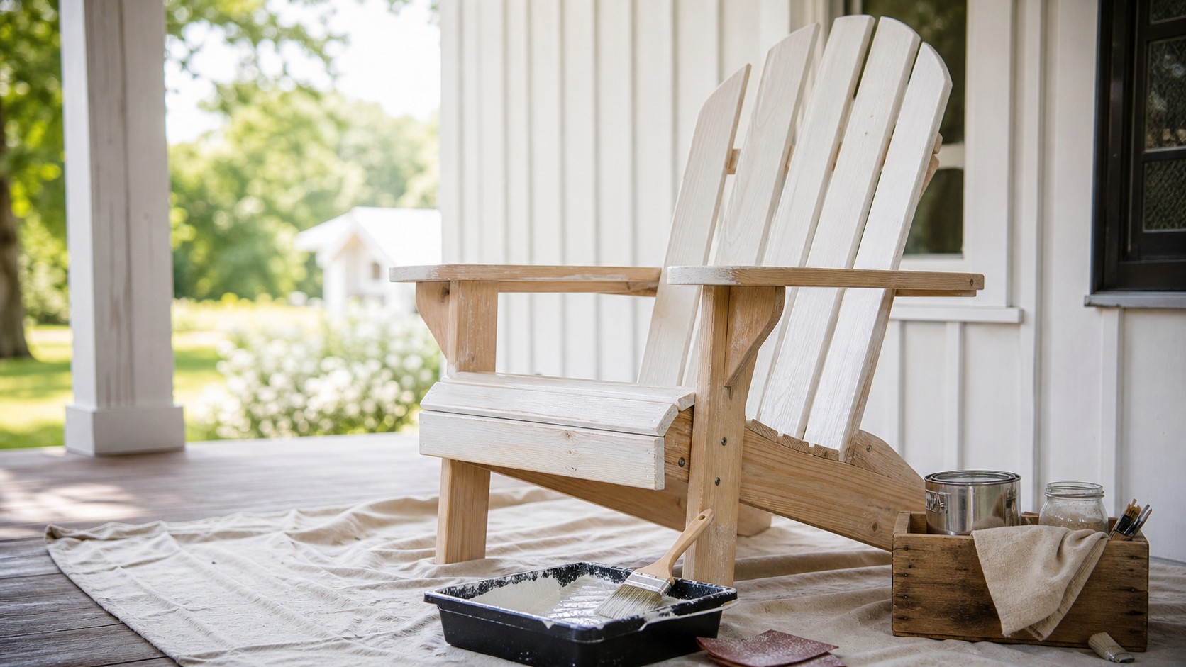 Adirondack chair being refinished with a farmhouse white painted finish on a bright porch workshop