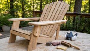 Natural wood Adirondack chair being sanded before refinishing on a clean backyard workshop table