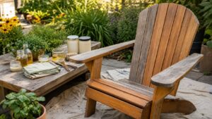 Wooden Adirondack chair refinishing setup with eco-friendly oils, reusable cloths, and garden workbench