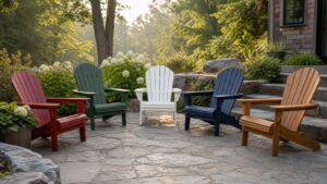 Five Adirondack chairs in different outdoor colors arranged on a landscaped stone patio