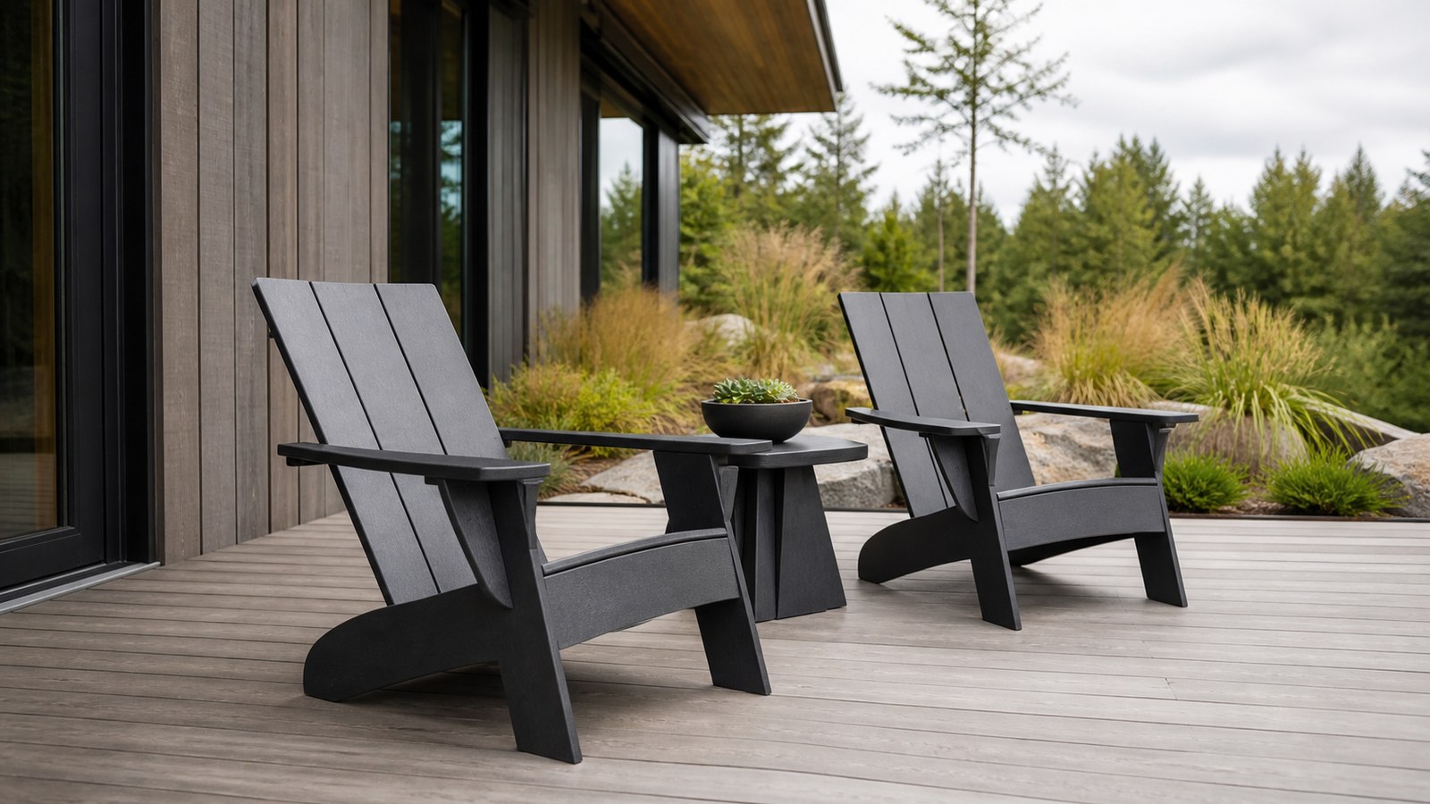 Modern Adirondack chairs with clean lines on a contemporary deck