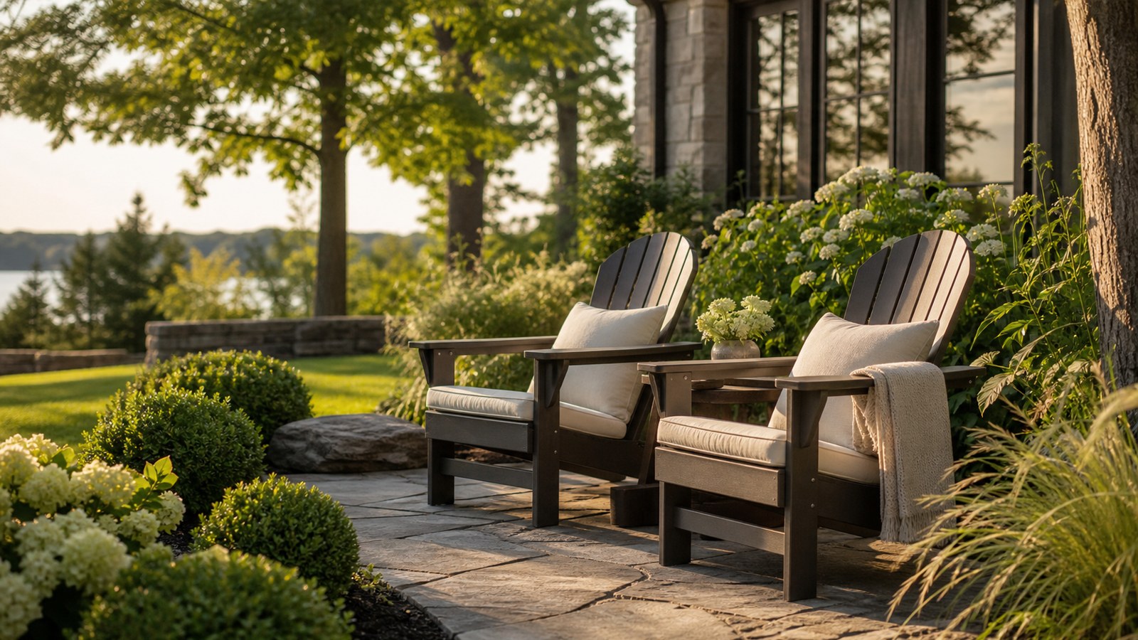 Elegant Adirondack chairs on a refined garden terrace