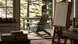 Adirondack chair near an artist studio porch with books and natural light