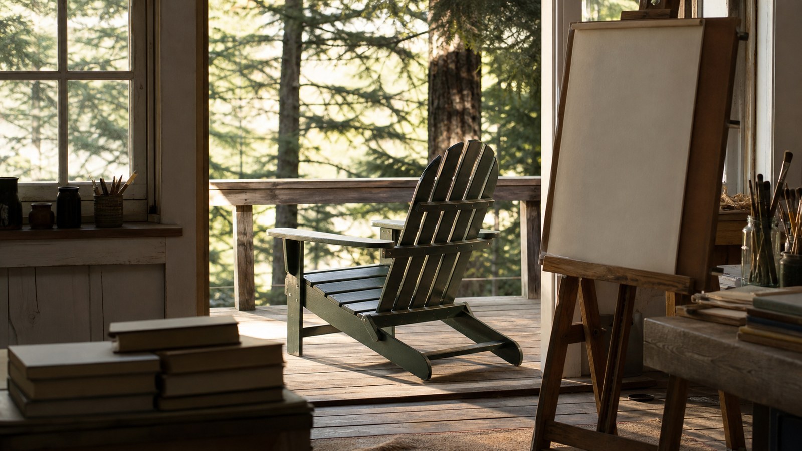 Adirondack chair near an artist studio porch with books and natural light