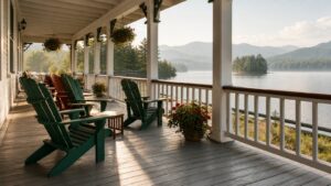 Wooden Adirondack chairs on a historic lakeside resort porch
