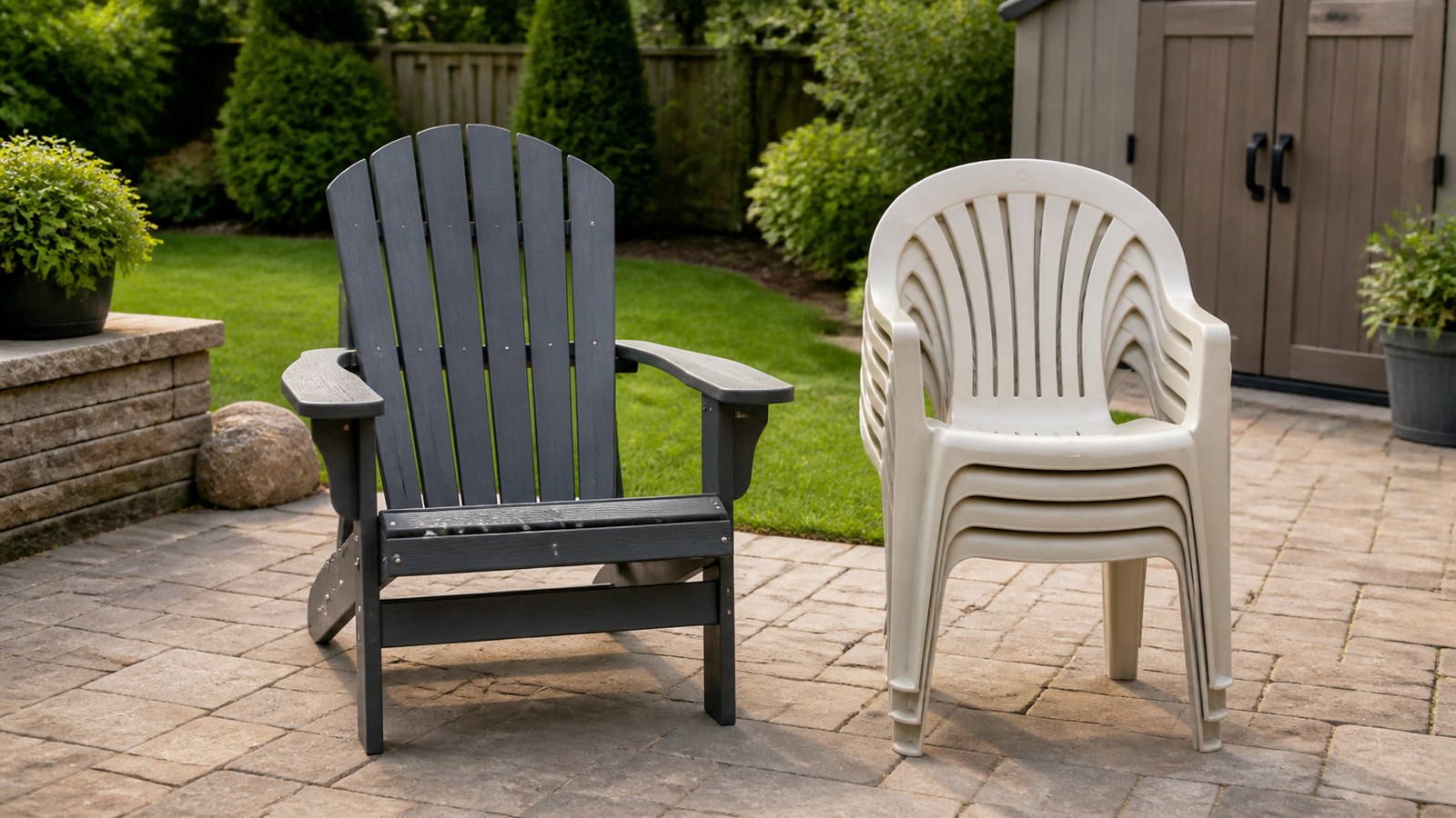 Adirondack chair beside stacked plastic outdoor chairs on a patio