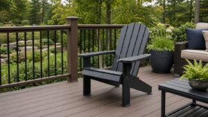 Metal Adirondack chairs on a finished wooden deck with protective feet