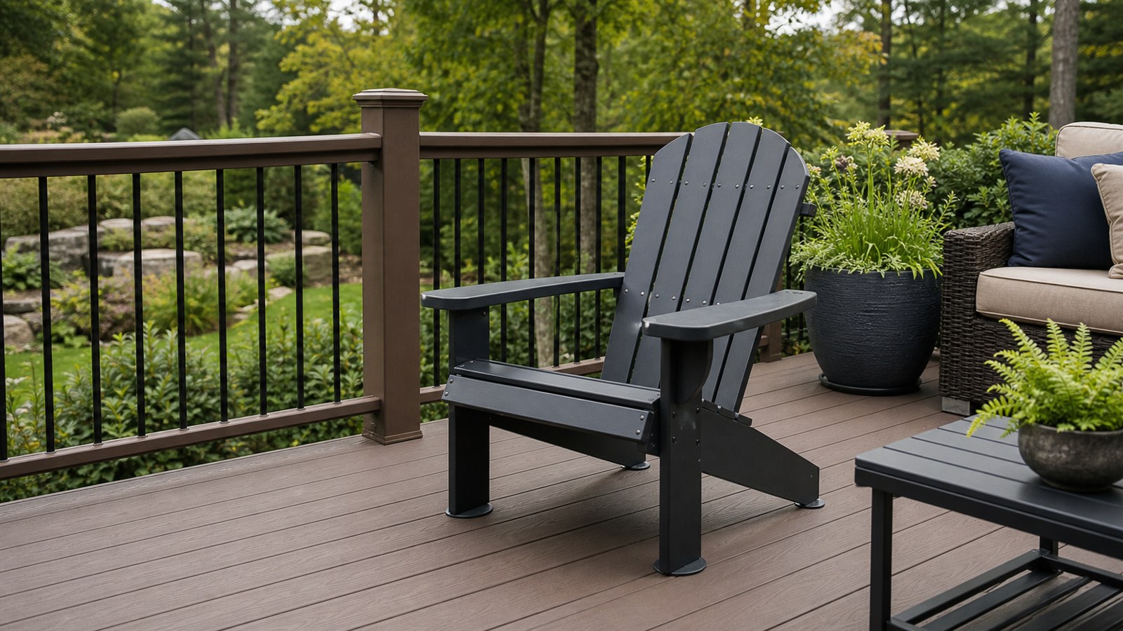 Metal Adirondack chairs on a finished wooden deck with protective feet