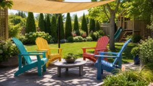 UV-resistant Adirondack chairs in a shaded family backyard