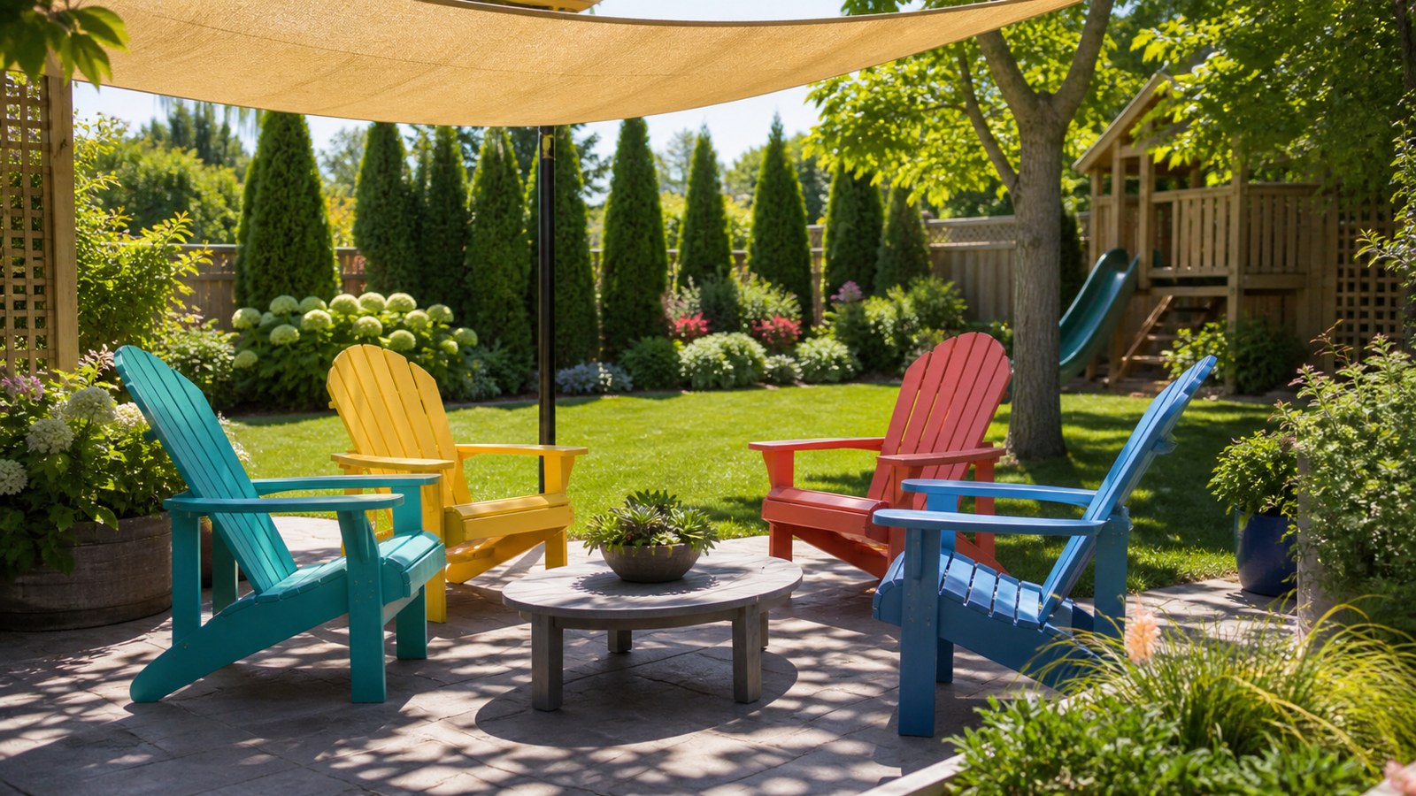 UV-resistant Adirondack chairs in a shaded family backyard