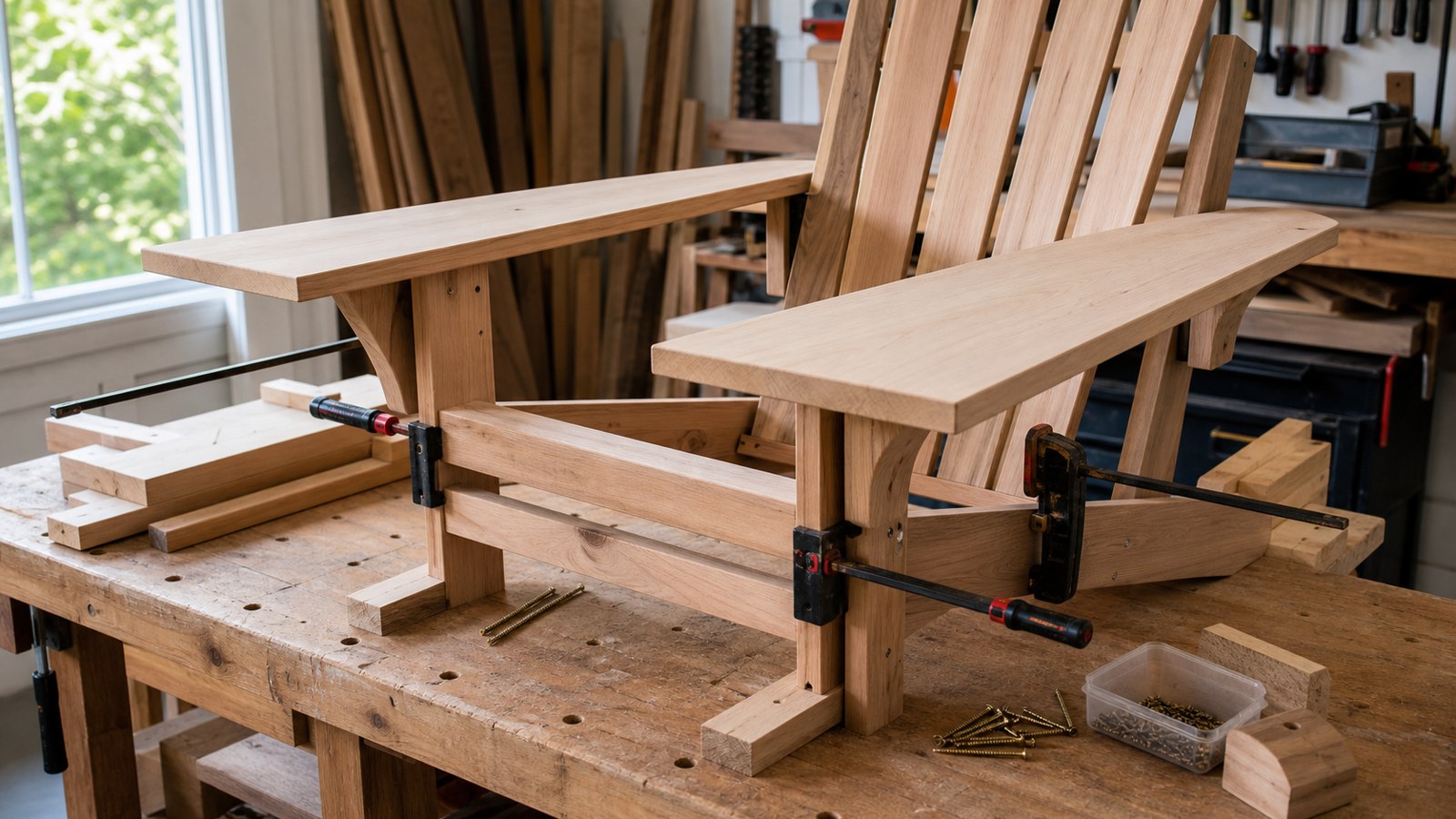 Wide-arm Adirondack chair clamped during assembly in a workshop