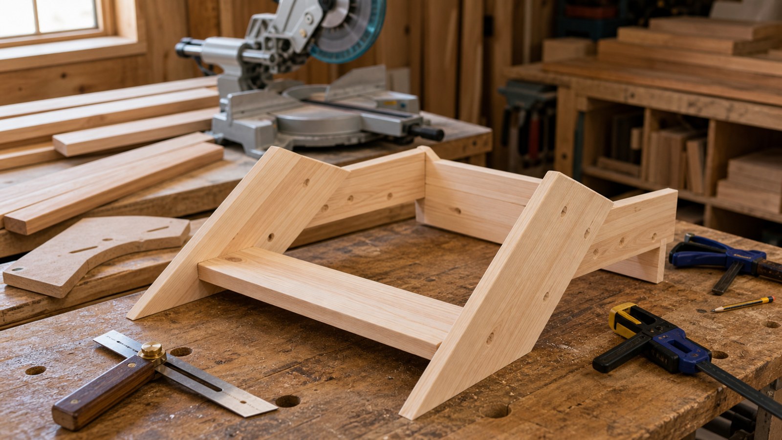 Angled Adirondack chair seat frame parts dry fitted in a woodworking shop