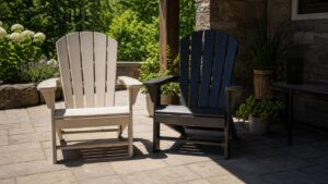 Resin Adirondack chairs in strong summer sunlight on a stone patio