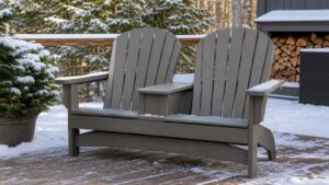 Double Adirondack chair on a snowy winter deck