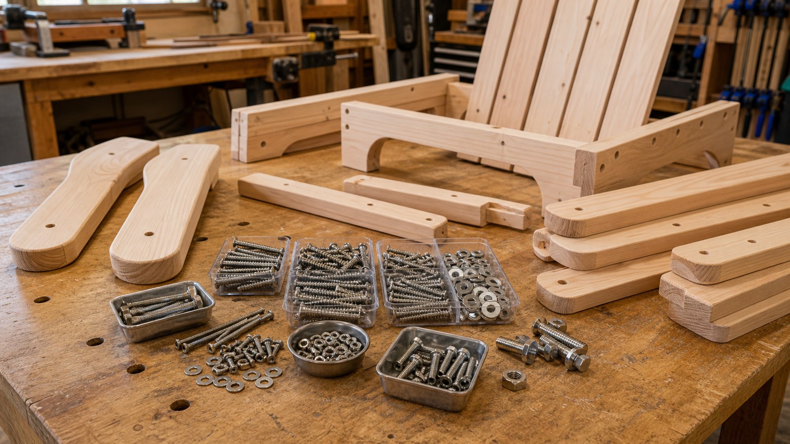 Outdoor chair hardware supplies beside unfinished Adirondack chair components