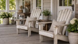 Farmhouse Adirondack chairs with distressed painted finishes on a porch