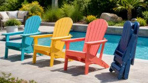Colorful folding Adirondack chairs in bright summer sunlight