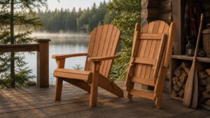 Folding wood Adirondack chairs on a classic porch beside a garden path