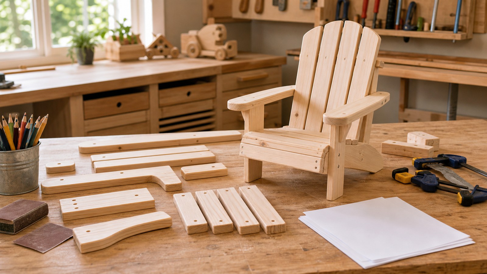 Kids Adirondack chair parts and blank plans on a safe workshop bench