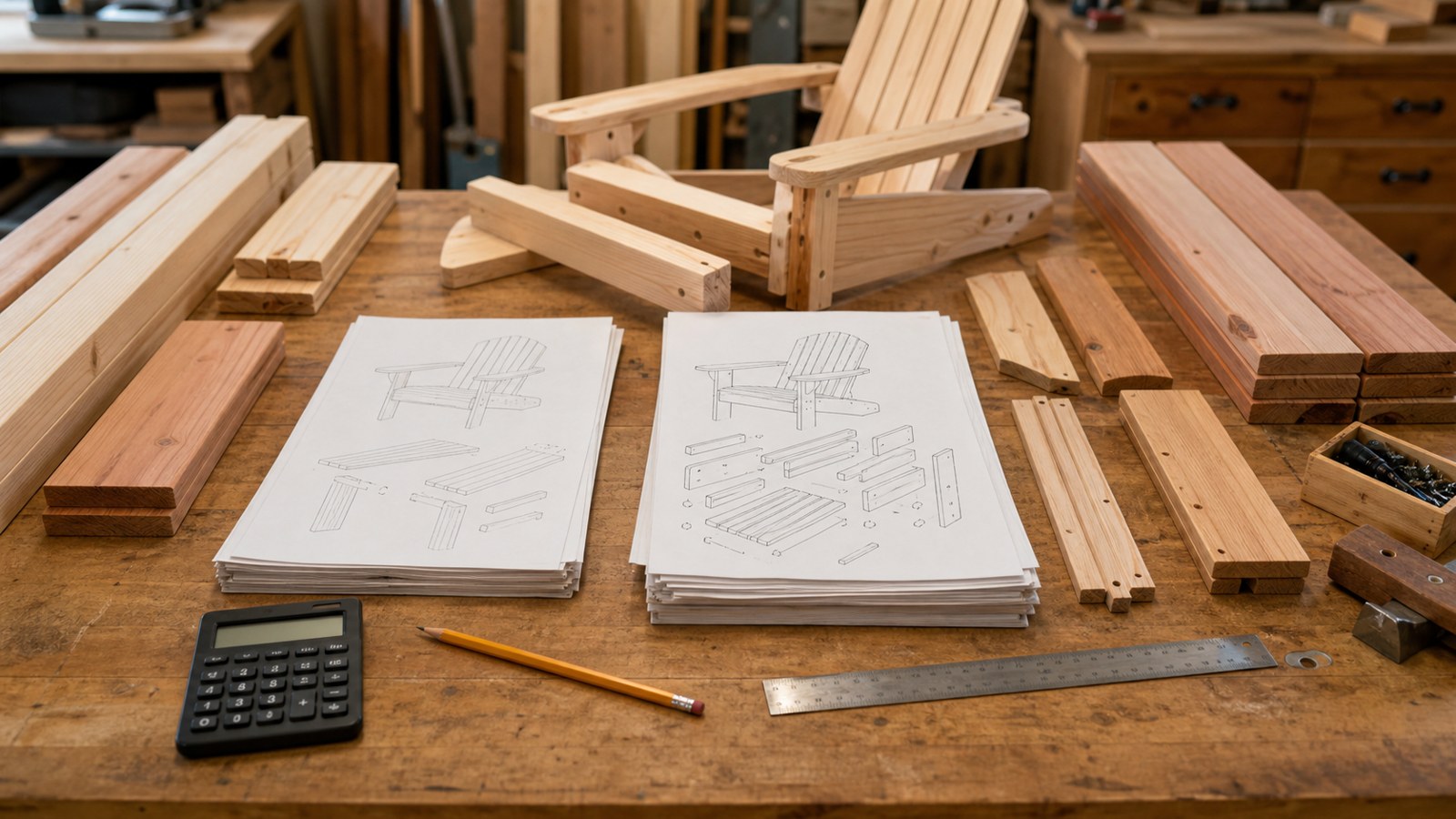 Adirondack chair plan materials arranged on a woodworking bench for cost comparison