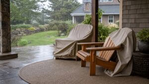 Wood Adirondack chairs protected from rain on a covered patio
