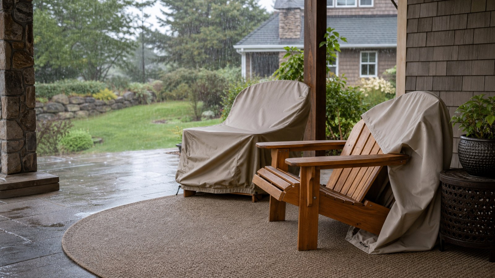 Wood Adirondack chairs protected from rain on a covered patio
