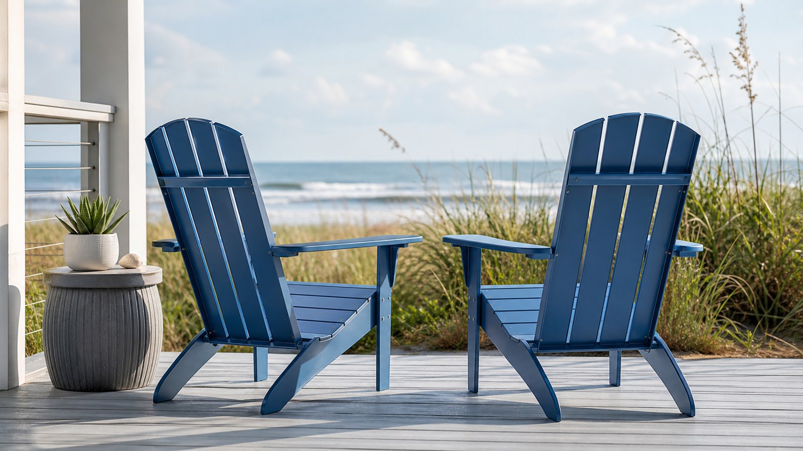 Coastal blue metal Adirondack chairs on a breezy seaside deck