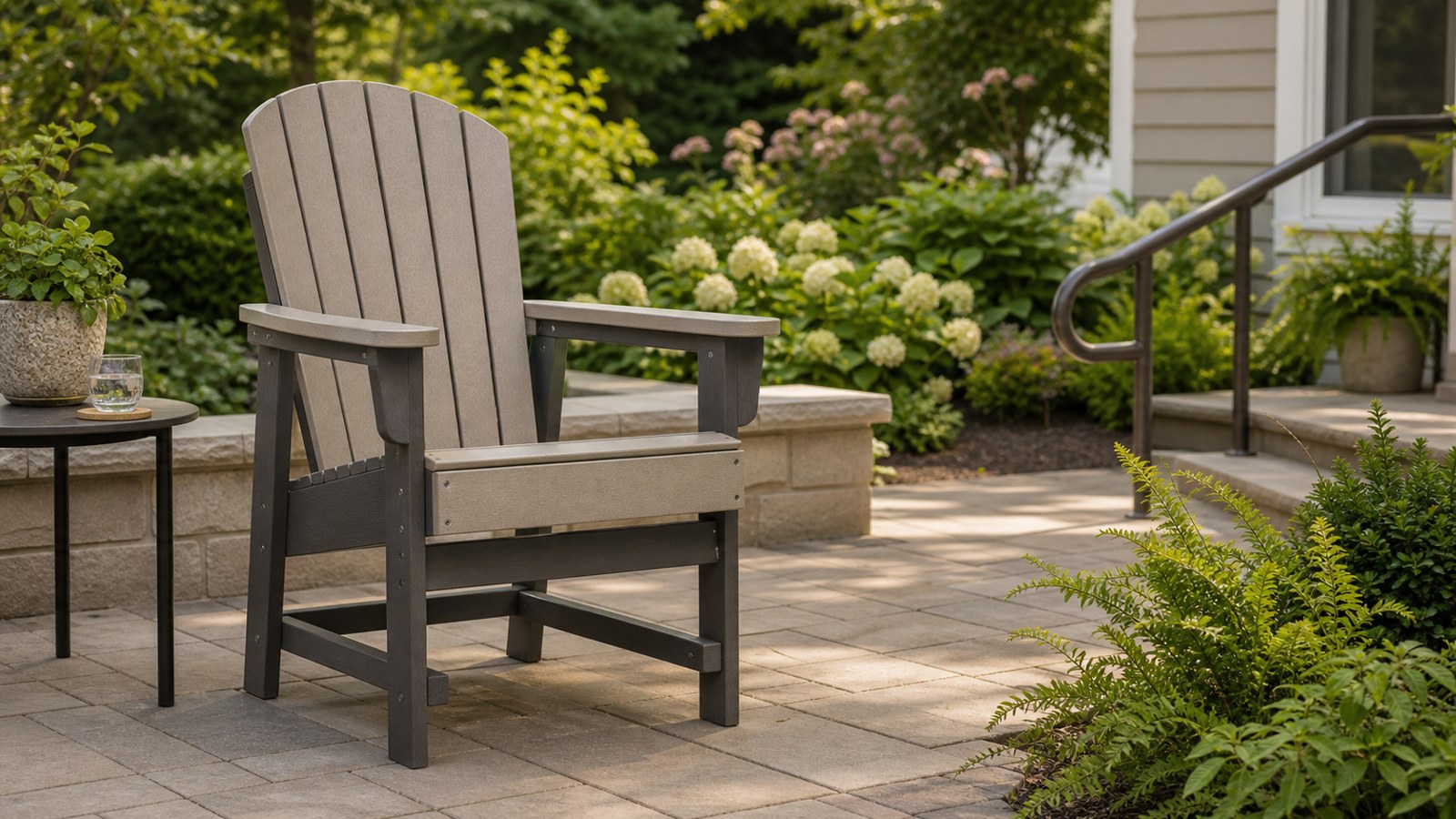 Modern higher-seat Adirondack chair on an accessible garden patio