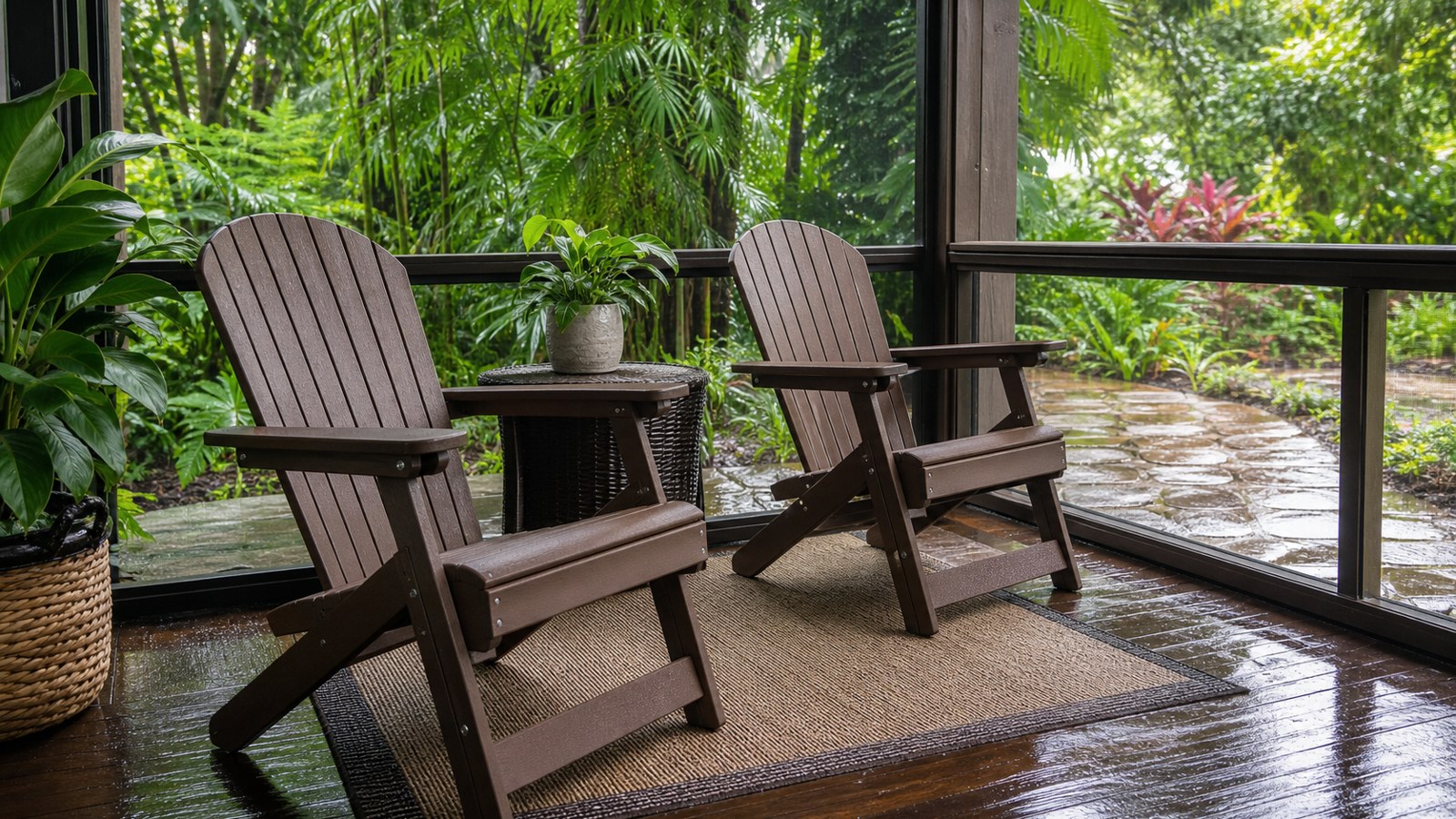 Folding Adirondack chairs on a humid covered patio after rain