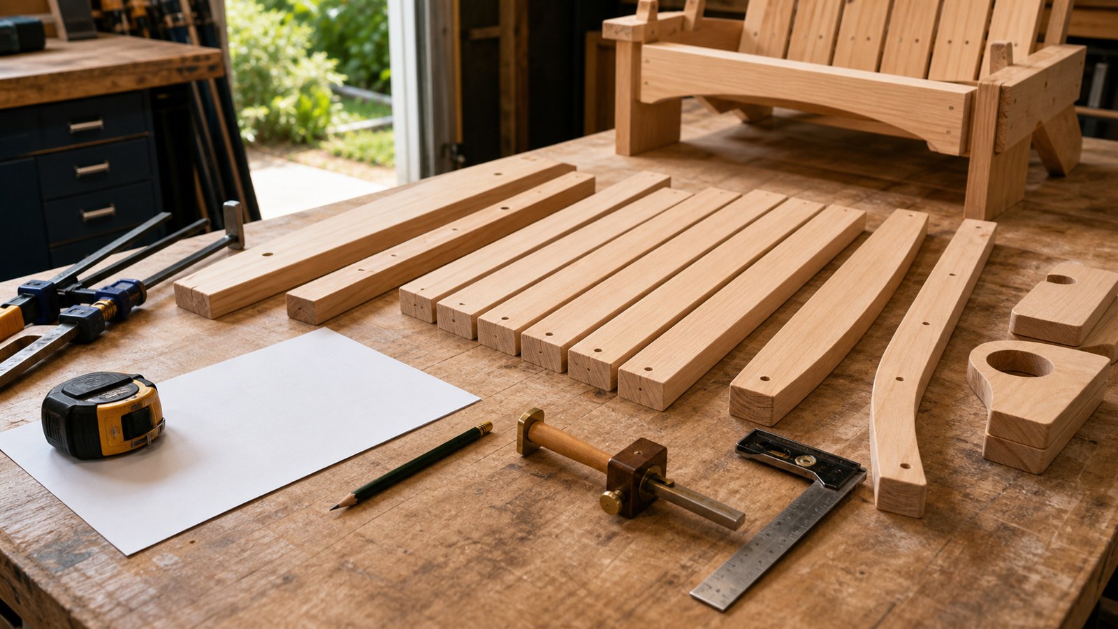 Measuring tools and Adirondack chair slats arranged for accurate woodworking