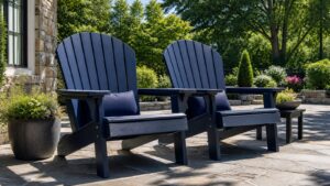 Oversized Adirondack chairs in strong sunlight on a patio