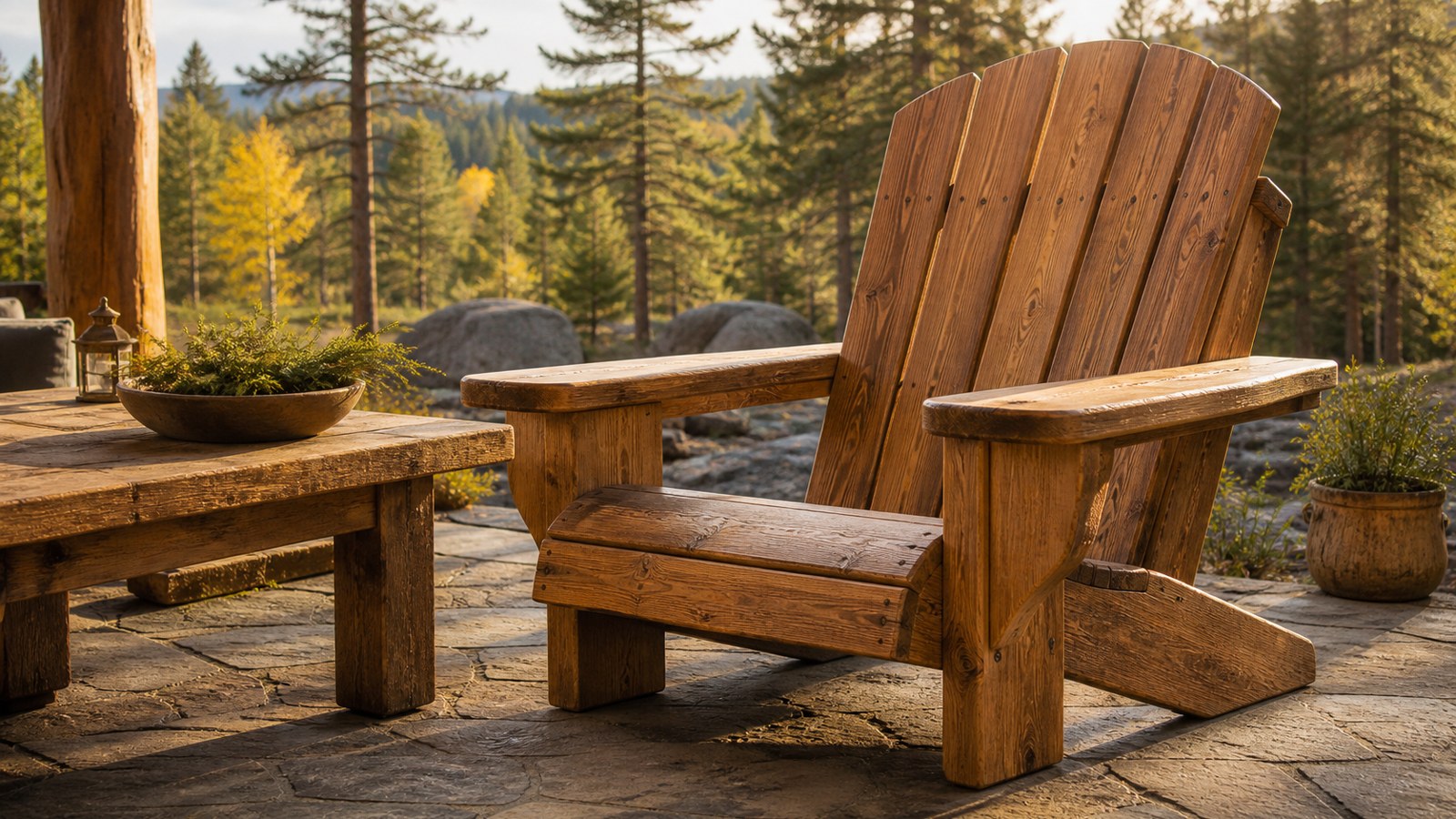 Oversized wood Adirondack chairs on a wide backyard deck