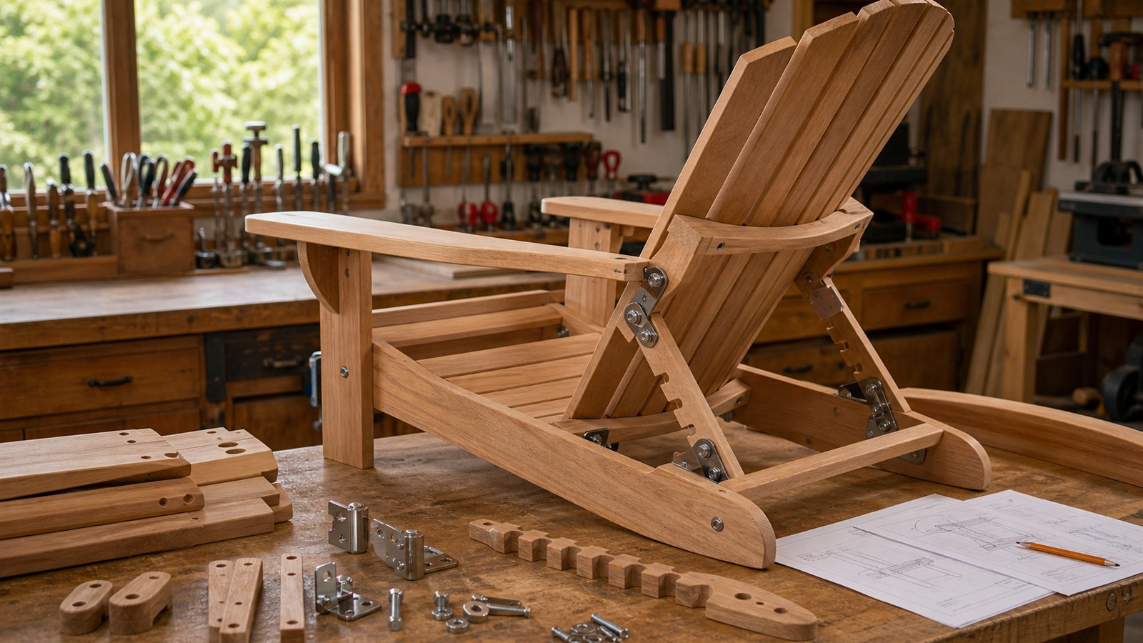 Adjustable reclining Adirondack chair parts with hardware on a workshop bench