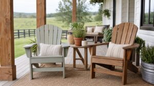 Painted and stained Adirondack chairs on a farmhouse porch