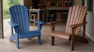 Painted and stained Adirondack chairs compared on a covered porch