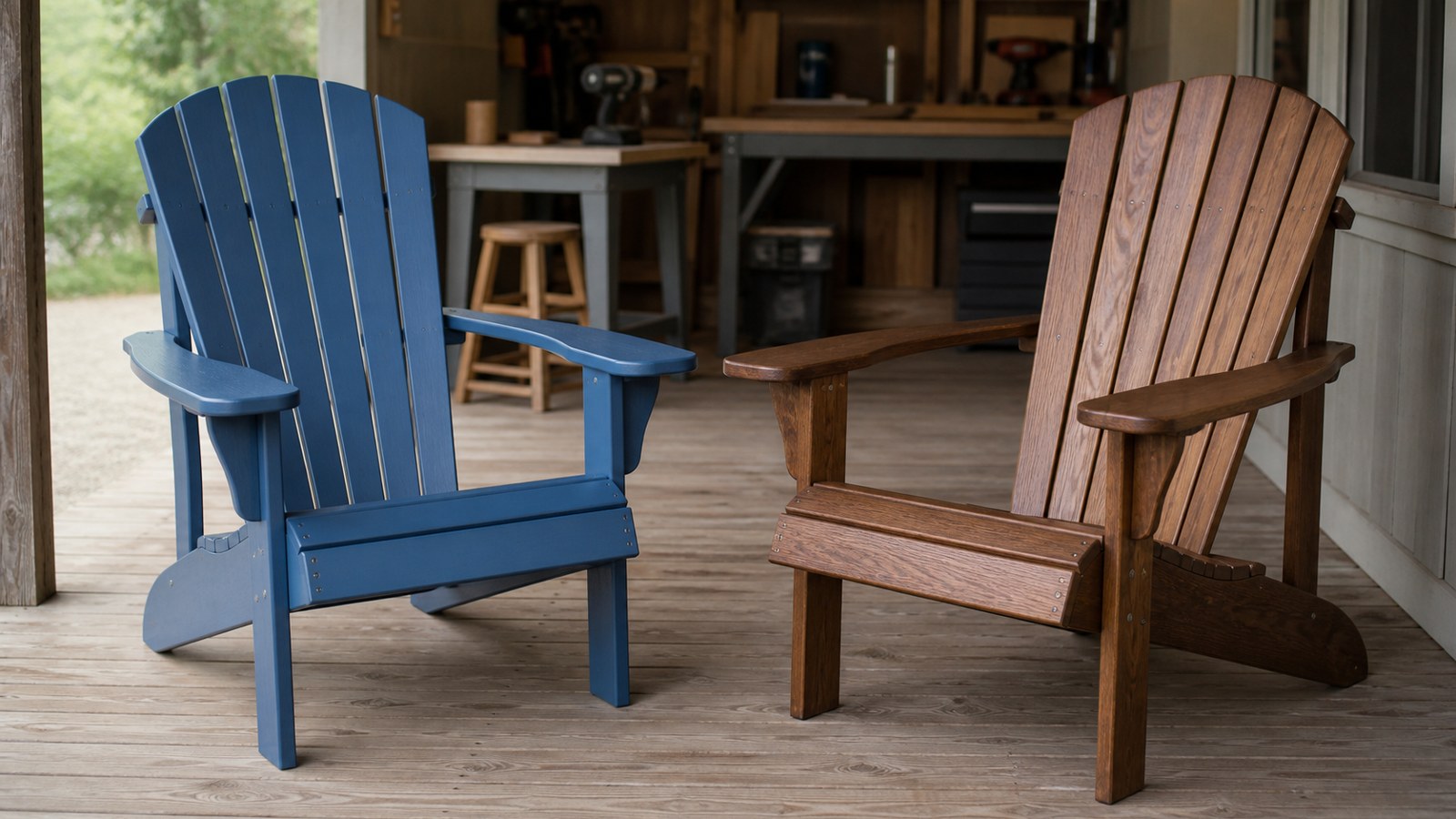 Painted and stained Adirondack chairs compared on a covered porch