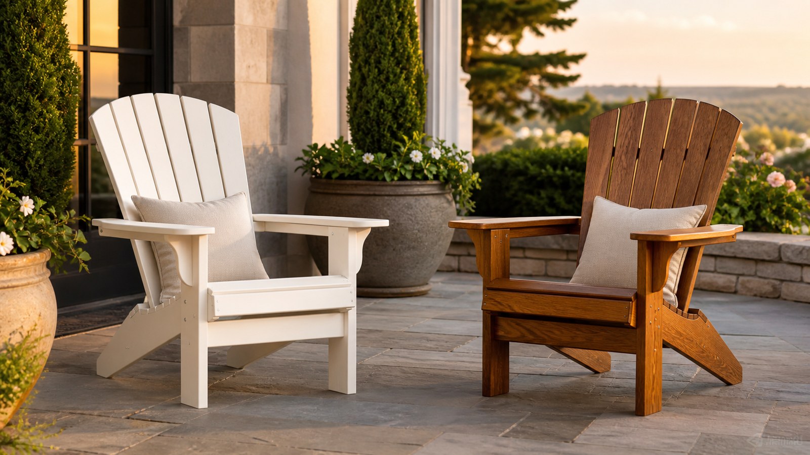 Premium painted and stained Adirondack chairs on an elegant terrace