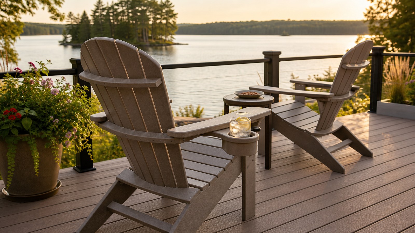 Polywood Adirondack chair with integrated cup holder on a patio lounge area