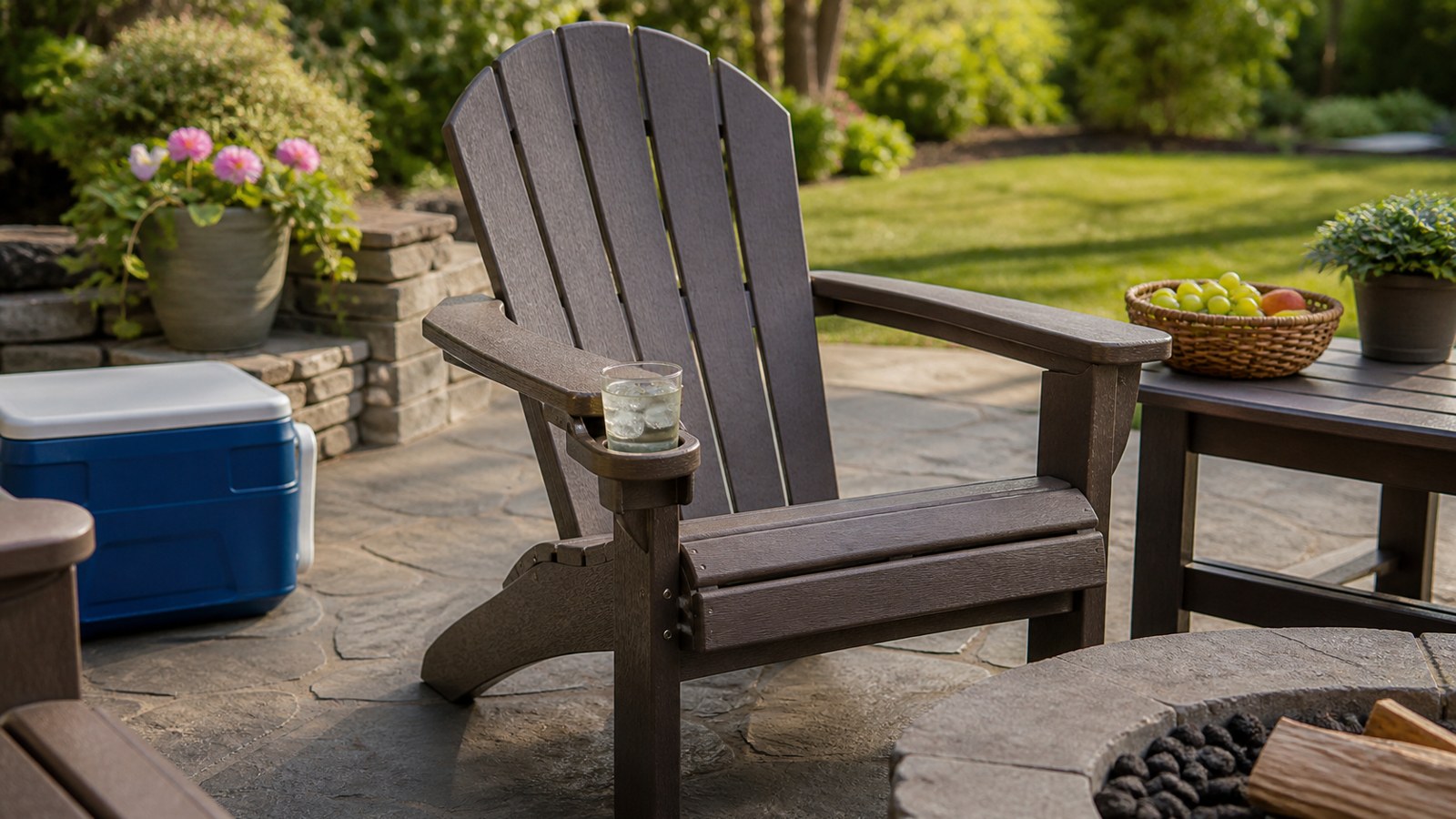 Resin Adirondack chairs with cup holders around an outdoor conversation area