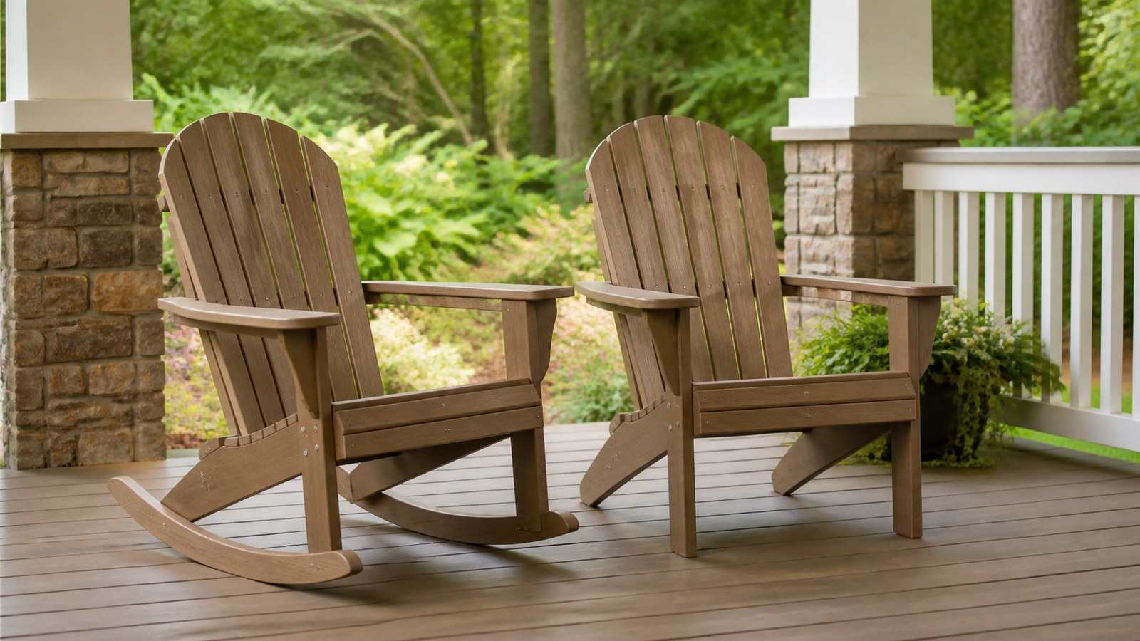 Rocking and standard Adirondack chairs side by side on a porch