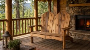 Rustic wood double Adirondack chair on a mountain cabin porch