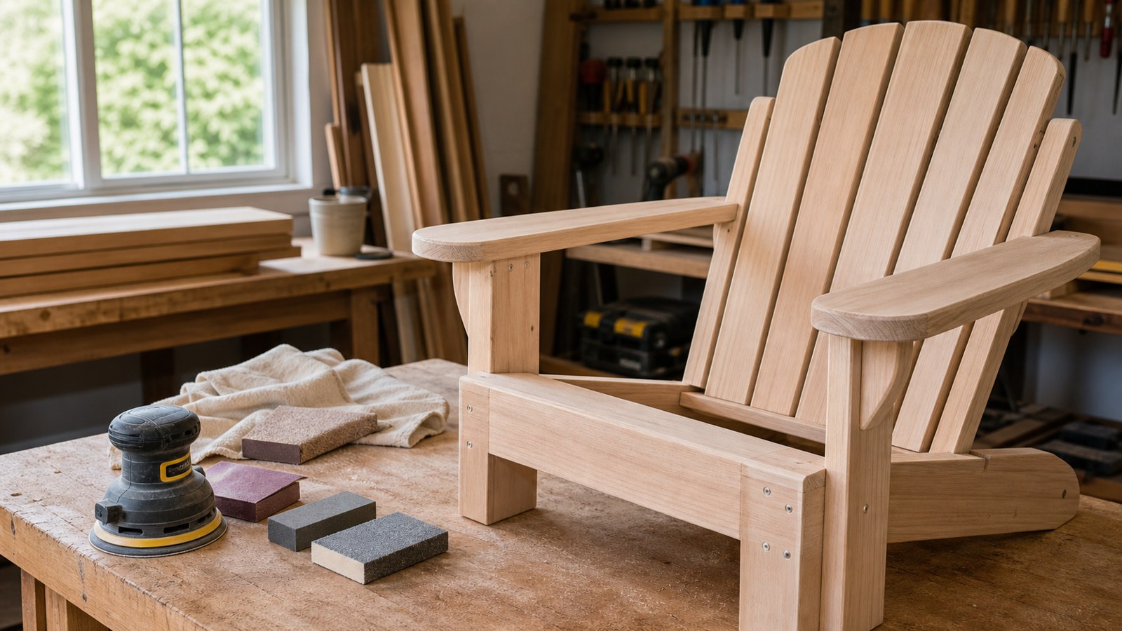 Unfinished Adirondack chair prepared for sanding before paint or stain