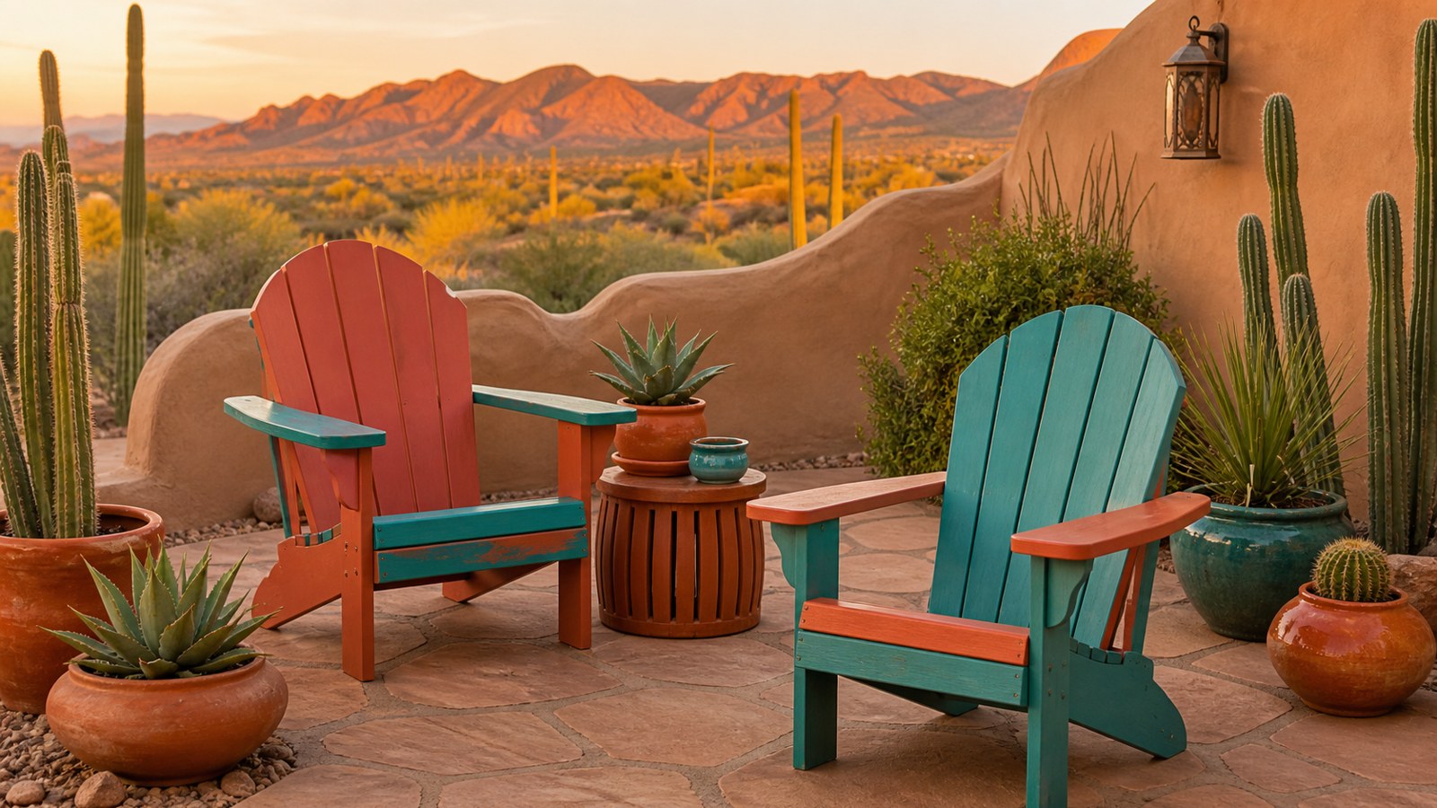 Southwestern color Adirondack chairs on a desert patio