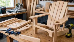 Partly assembled Adirondack chair with a cup holder in a workshop