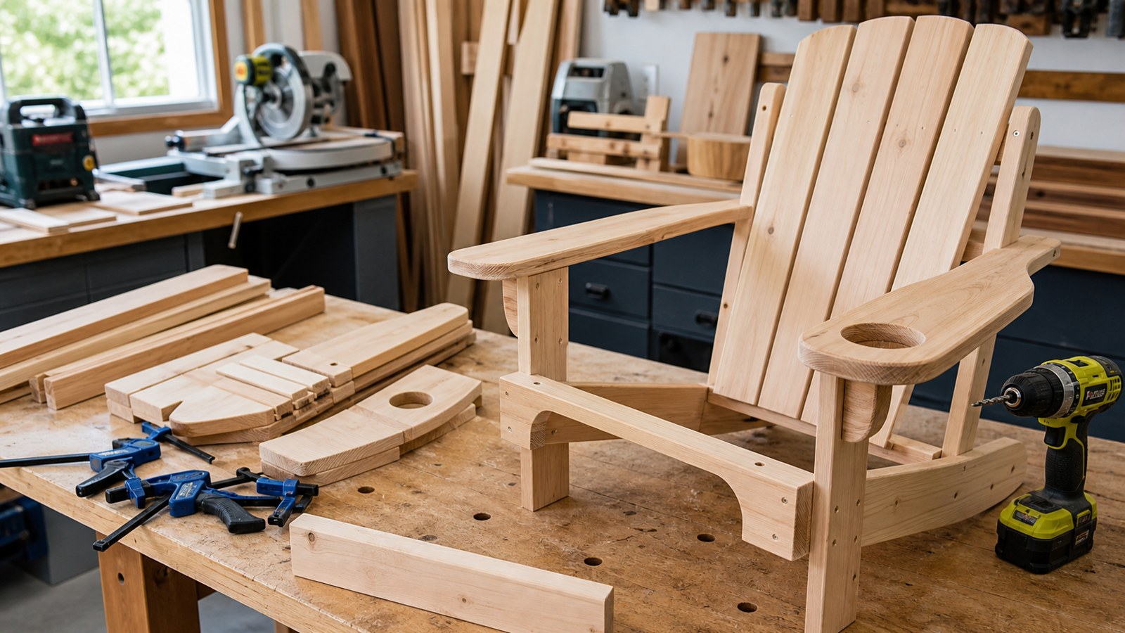 Partly assembled Adirondack chair with a cup holder in a workshop
