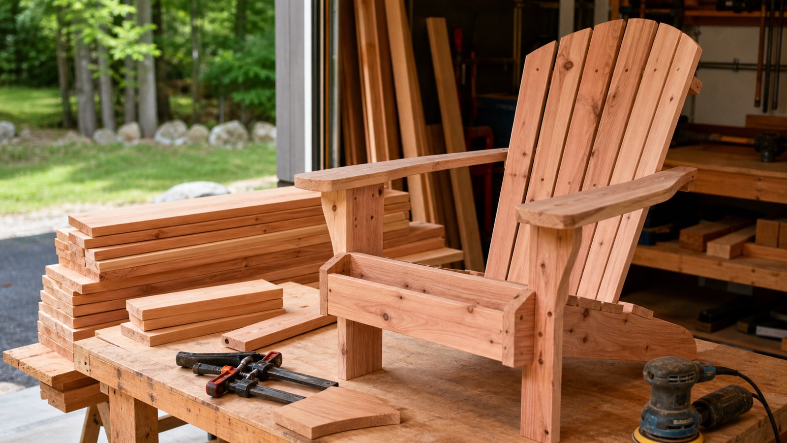 Cedar Adirondack chair under construction in a clean workshop