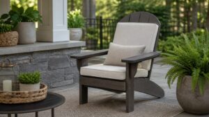 Resin Adirondack chairs with fitted outdoor cushions on a garden patio
