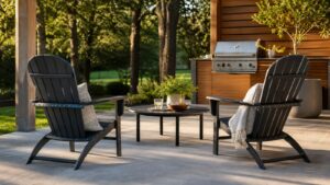 Metal Adirondack chairs on a patio with durable frame details