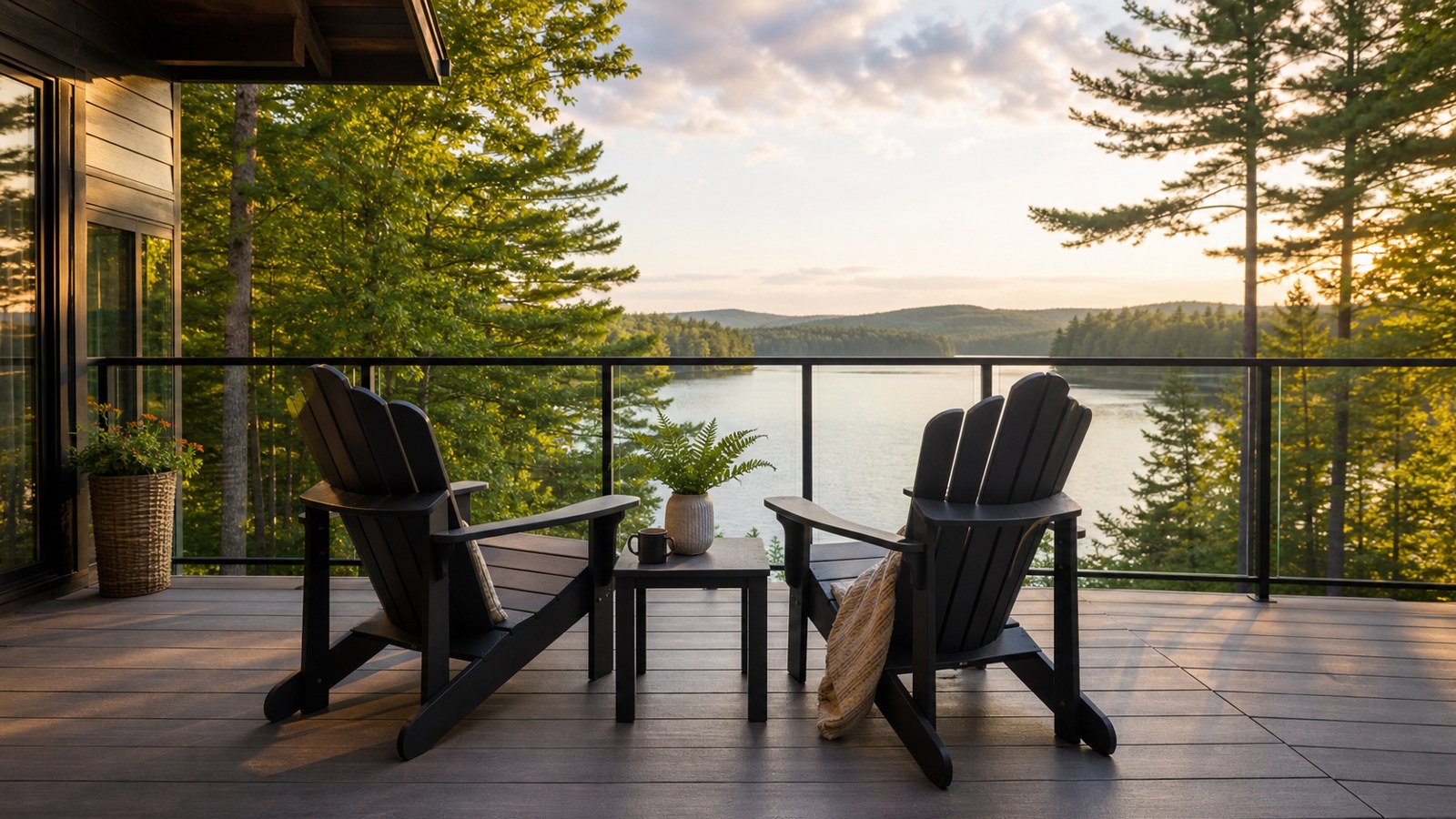 Two Adirondack chairs on a vacation home deck overlooking a lake